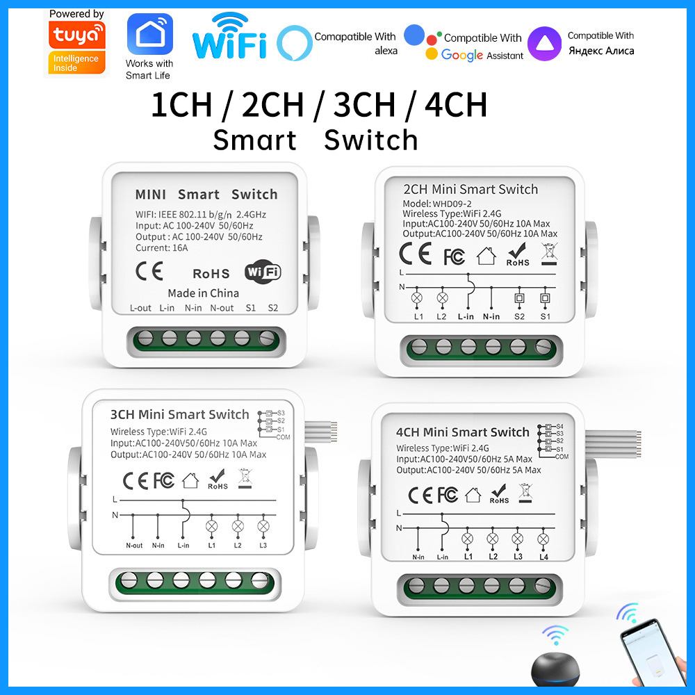 Tuya 4 Channel - Inteligentny przełącznik WiFi Tuya 1/2/3/4-kanałowy, 4-drożny